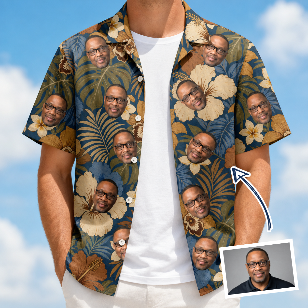 Man wearing Men's Frond Flower Fizz Custom Face Hawaiian Shirt open over a white tee