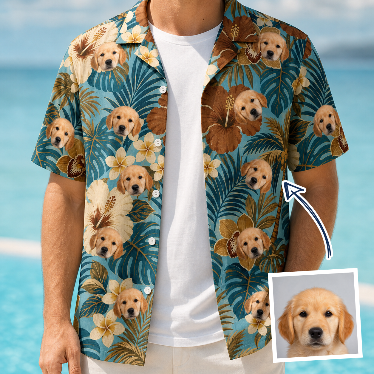 Model wearing Men's Palm Print Paradise Custom Face Hawaiian Shirt printed with a dog's face