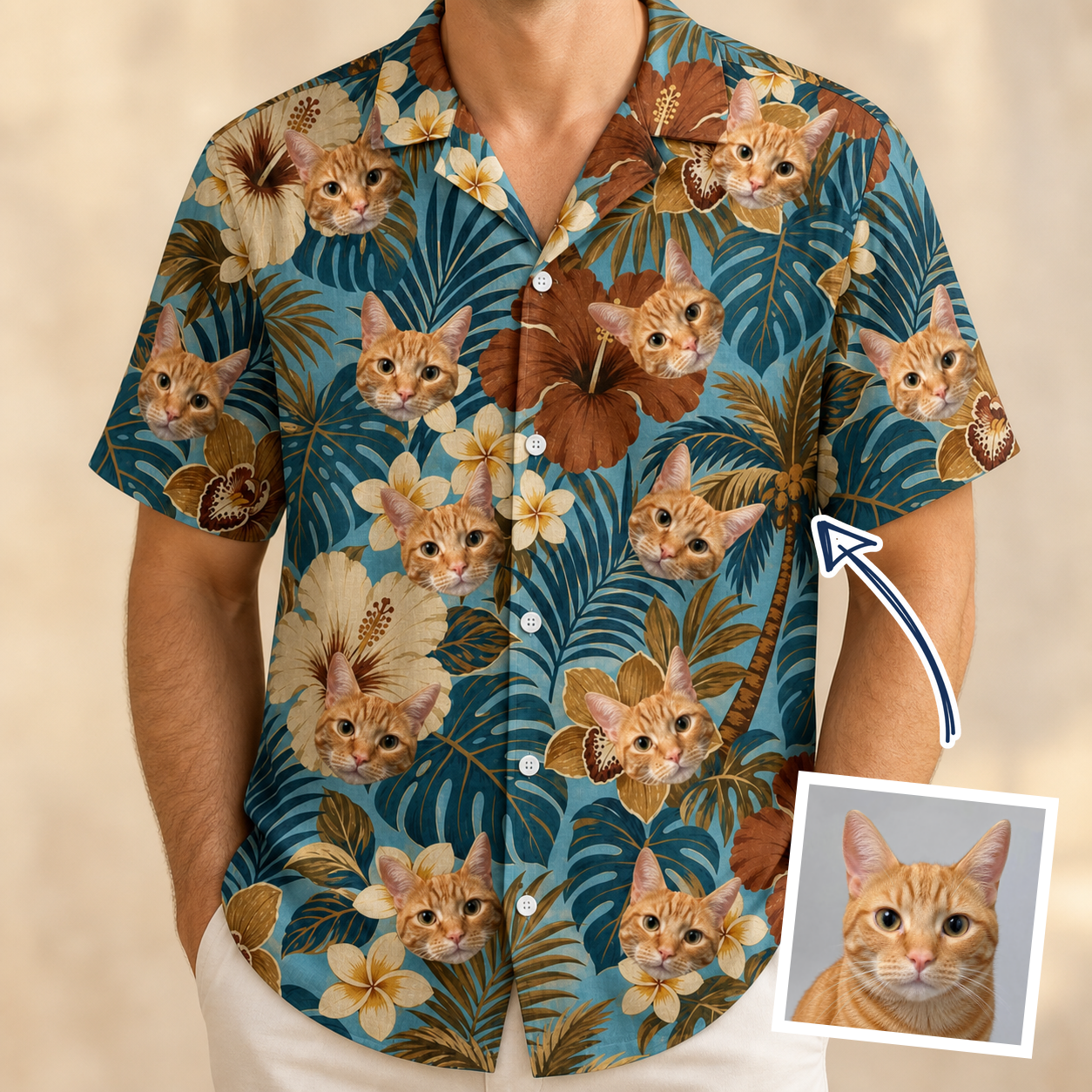 Model wearing Men's Palm Print Paradise Custom Face Hawaiian Shirt printed with a cat's face
