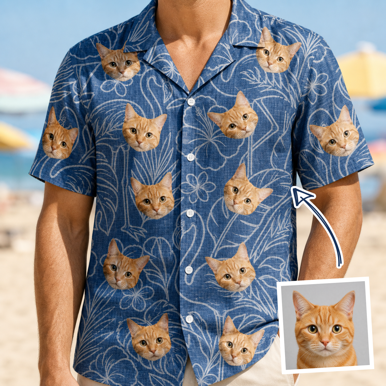 Model wearing Men's Flamingo Wink Parade Custom Face Hawaiian Shirt printed with a cat's face