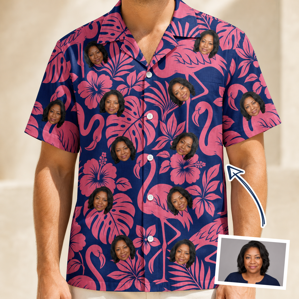 Man wearing Men's Flamingo Flockdown Custom Face Hawaiian Shirt — custom faces printed all-over