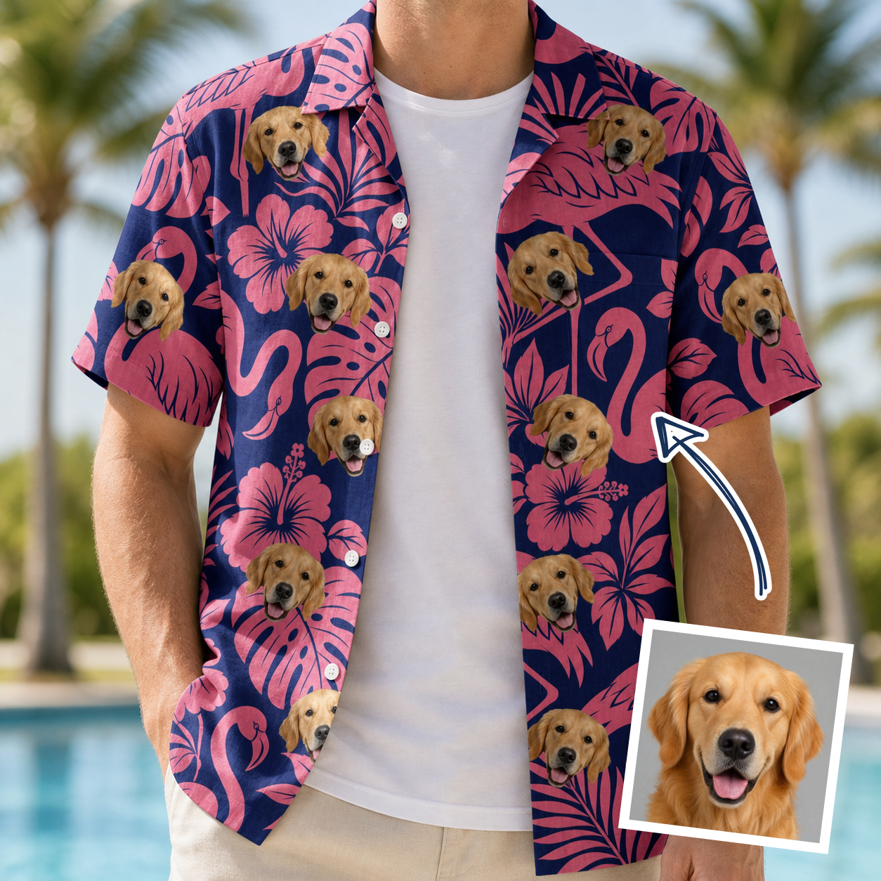 Model wearing Men's Flamingo Flockdown Custom Face Hawaiian Shirt printed with a dog's face