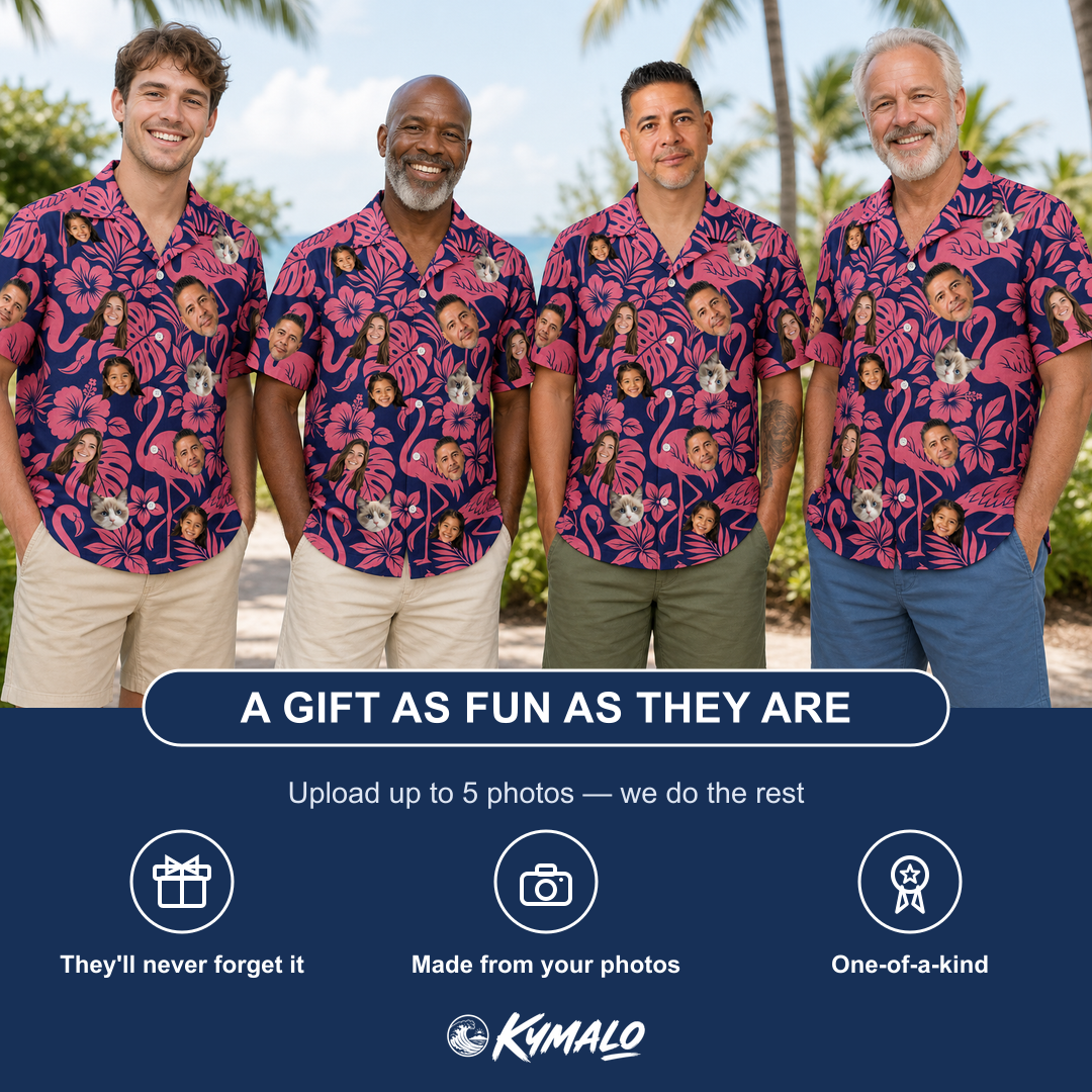 Friends in matching Men's Flamingo Flockdown Custom Face Hawaiian Shirt — a group gift photo
