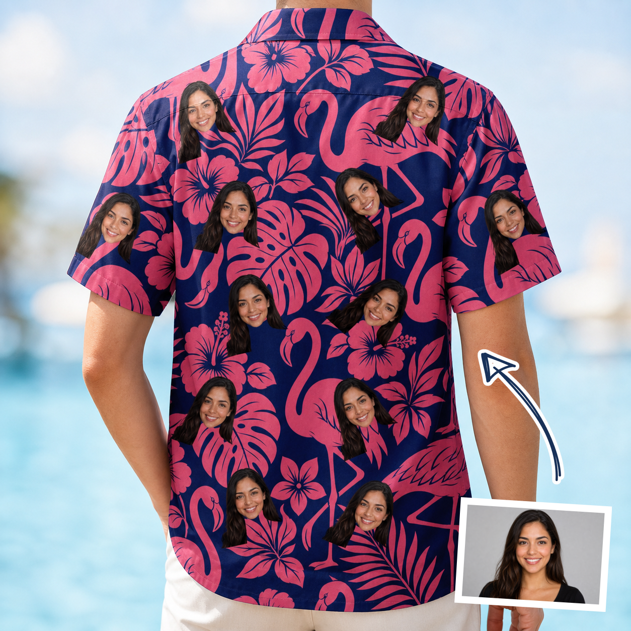 Back view of Women's Flamingo Flockdown Custom Face Hawaiian Shirt