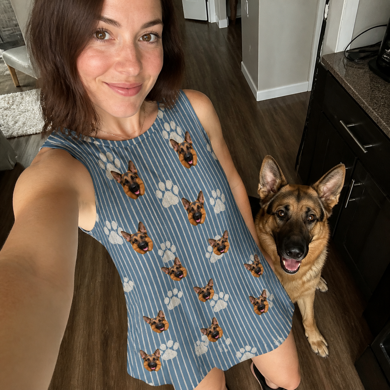 Selfie with the pet whose face is printed all over this Women's Muzzle Marks Custom Dog Face Tank Dress