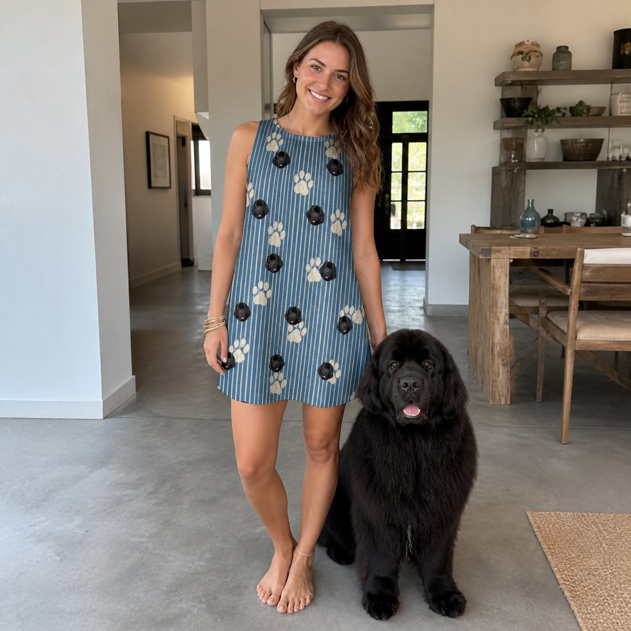 Full-length photo with the pet printed all over this Women's Muzzle Marks Custom Dog Face Tank Dress