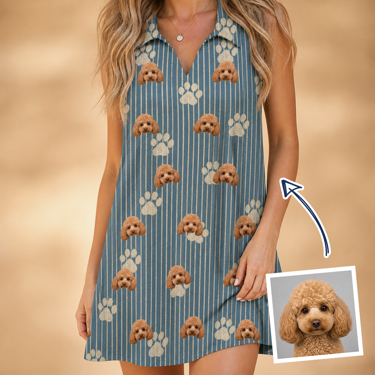 Woman wearing Women's Muzzle Marks Custom Dog Face V-Neck Dress — custom faces printed all-over