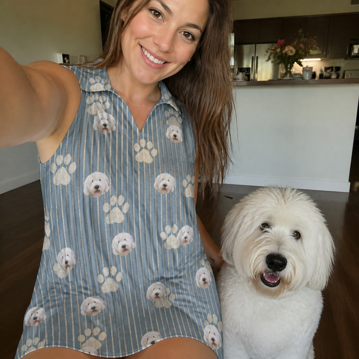 Selfie with the pet whose face is printed all over this Women's Muzzle Marks Custom Dog Face V-Neck Dress