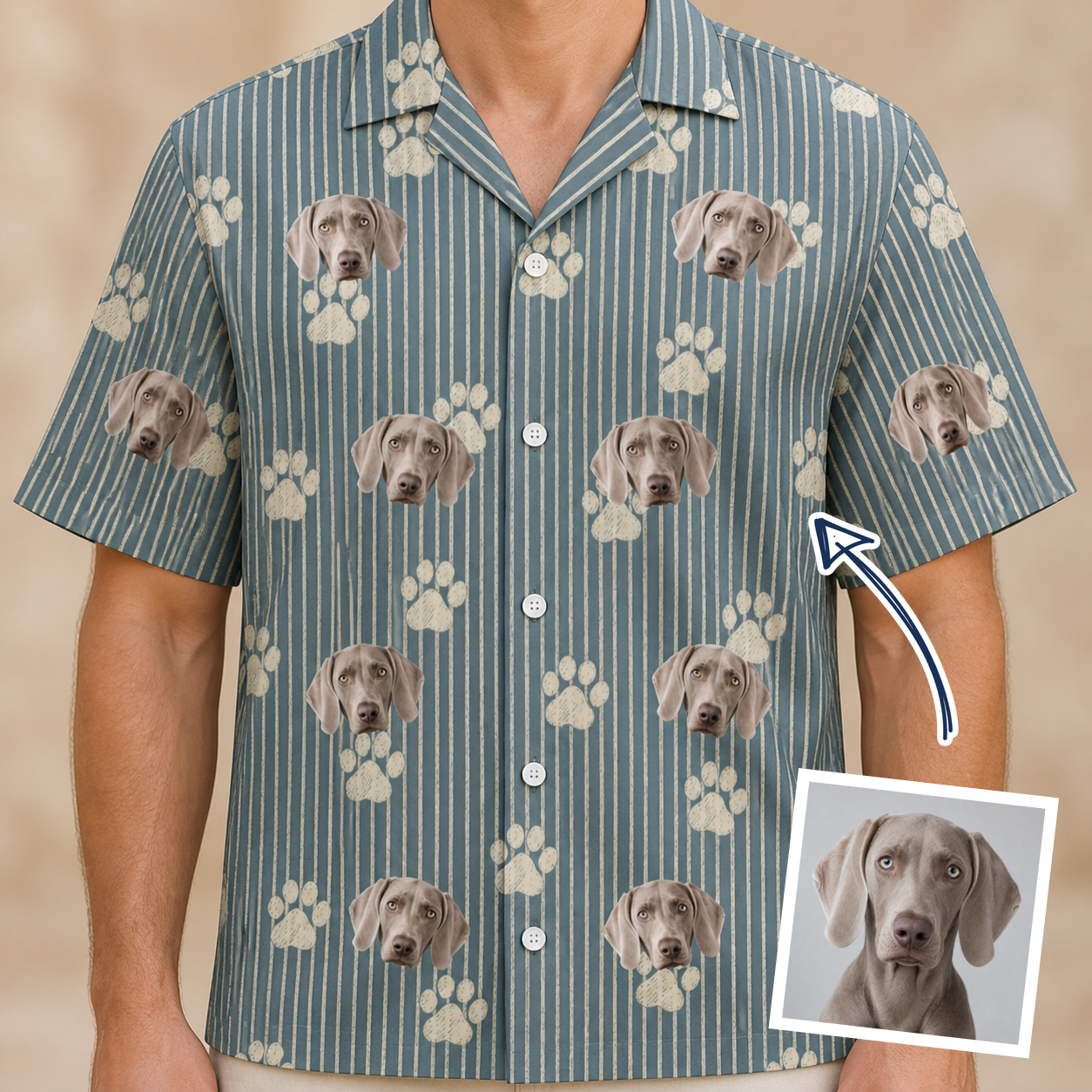 Man wearing Men's Muzzle Marks Custom Dog Face Hawaiian Shirt — custom faces printed all-over
