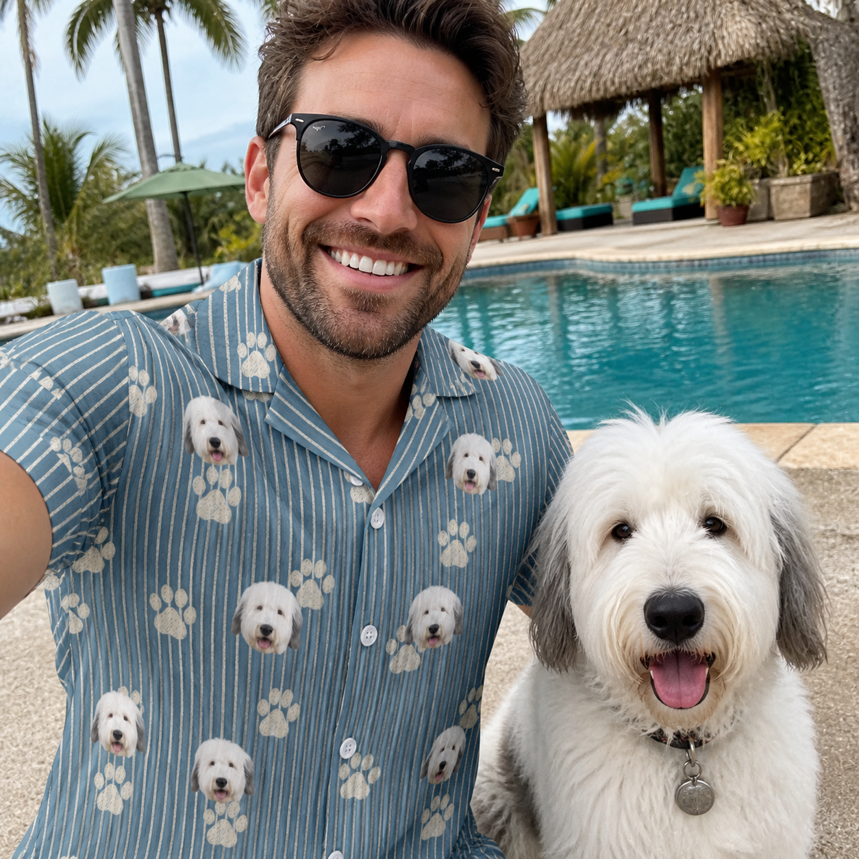 Selfie with the pet whose face is printed all over this Men's Muzzle Marks Custom Dog Face Hawaiian Shirt