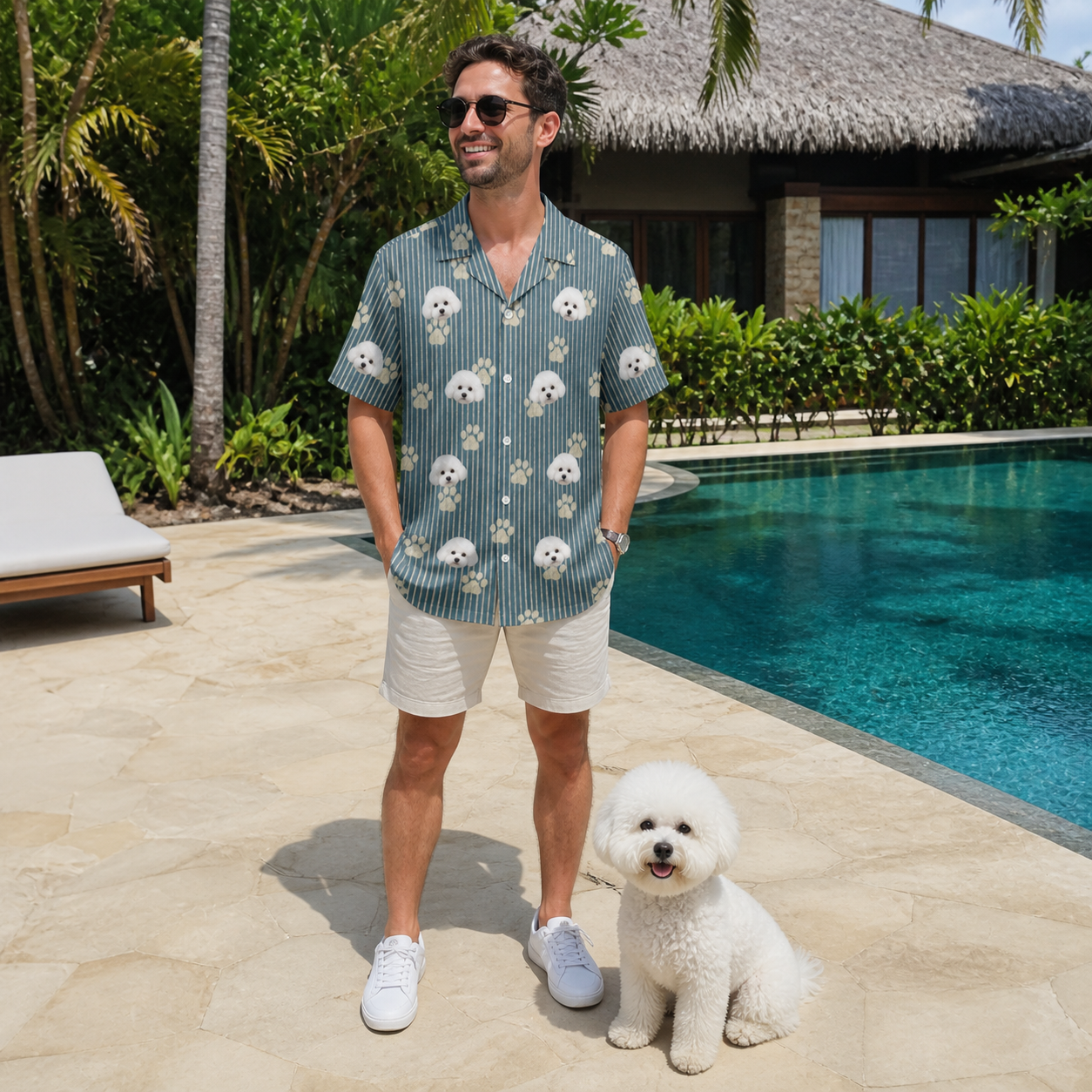 Full-length photo with the pet printed all over this Men's Muzzle Marks Custom Dog Face Hawaiian Shirt