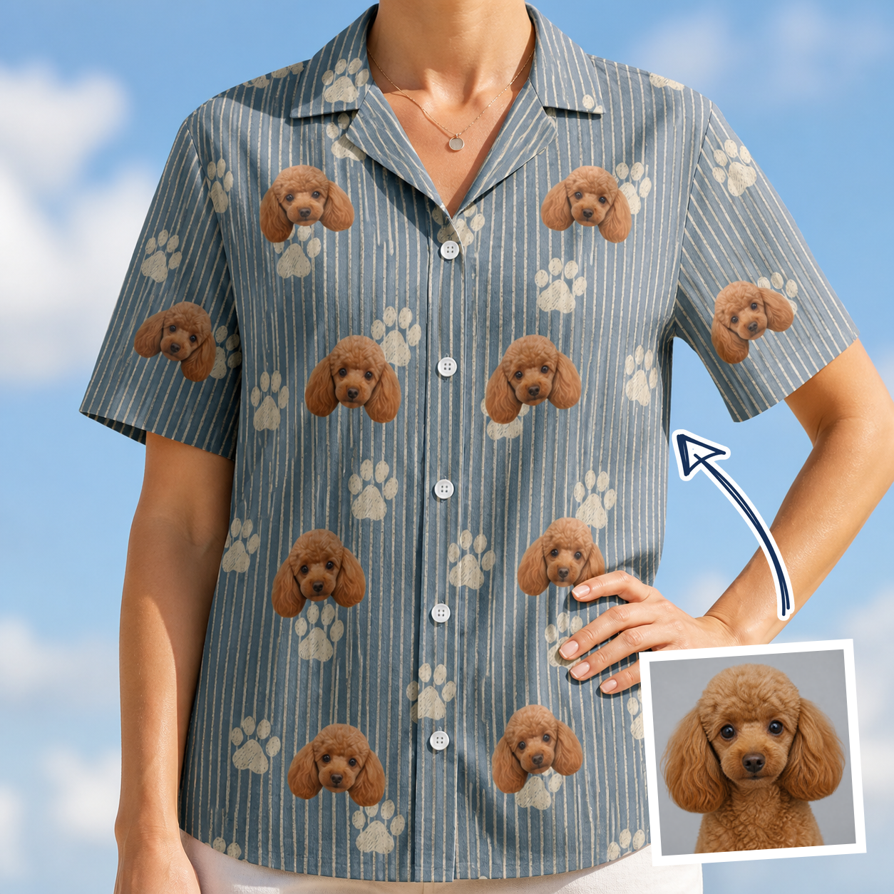 Woman wearing Women's Muzzle Marks Custom Dog Face Hawaiian Shirt — custom faces printed all-over