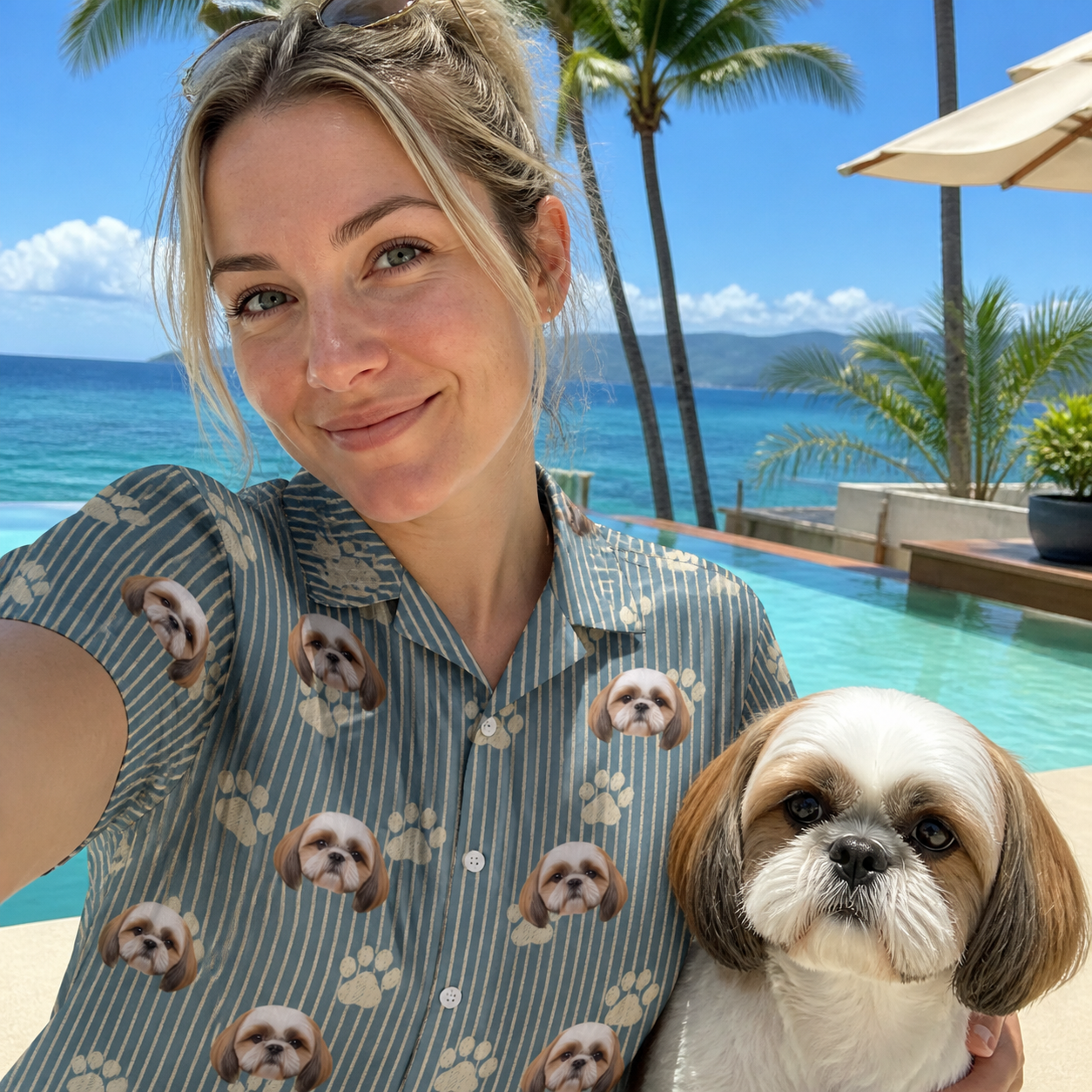 Selfie with the pet whose face is printed all over this Women's Muzzle Marks Custom Dog Face Hawaiian Shirt