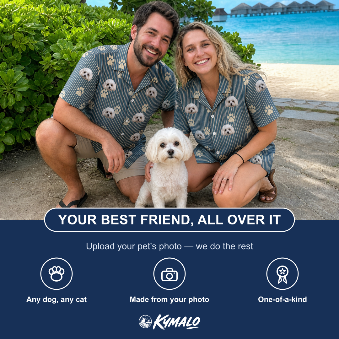 Friends in matching Women's Muzzle Marks Custom Dog Face Hawaiian Shirt — a group gift photo