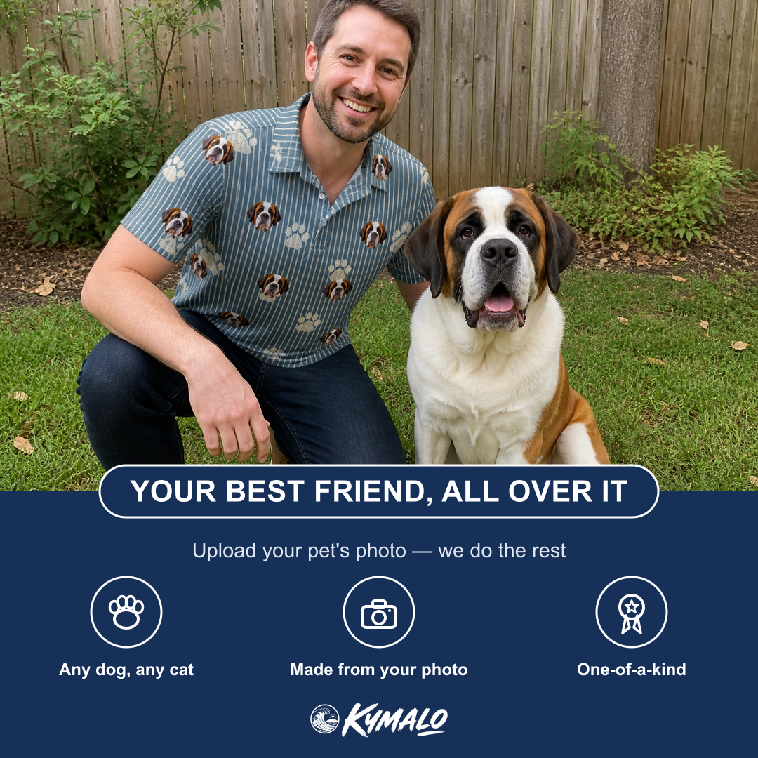 Friends in matching Men's Muzzle Marks Custom Dog Face Polo Shirt — a group gift photo
