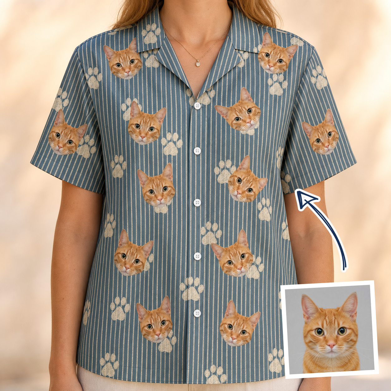 Model wearing Women's Muzzle Marks Custom Face Hawaiian Shirt printed with a cat's face
