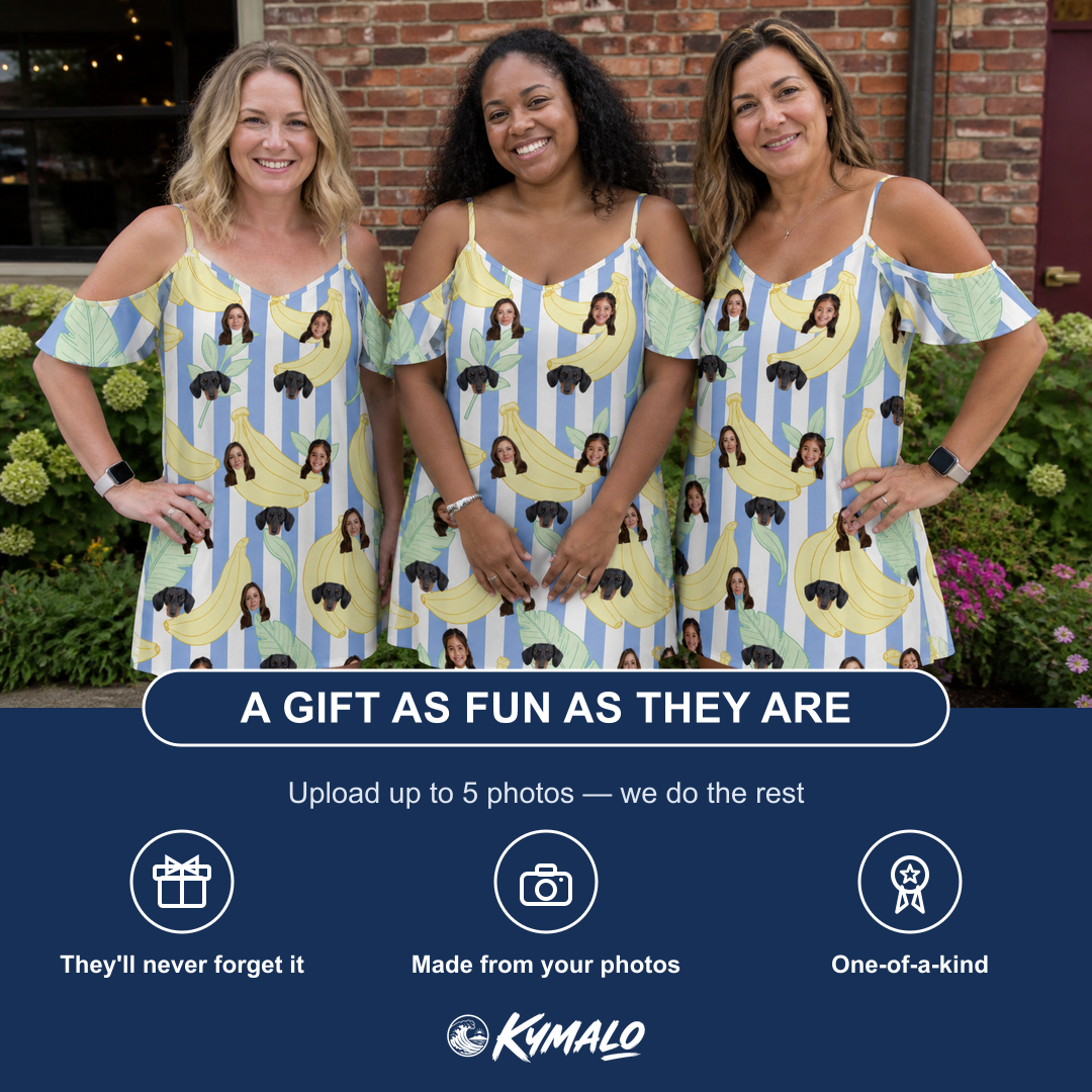 Friends in matching Women's Peel Appeal Custom Face Off-Shoulder Dress — a group gift photo