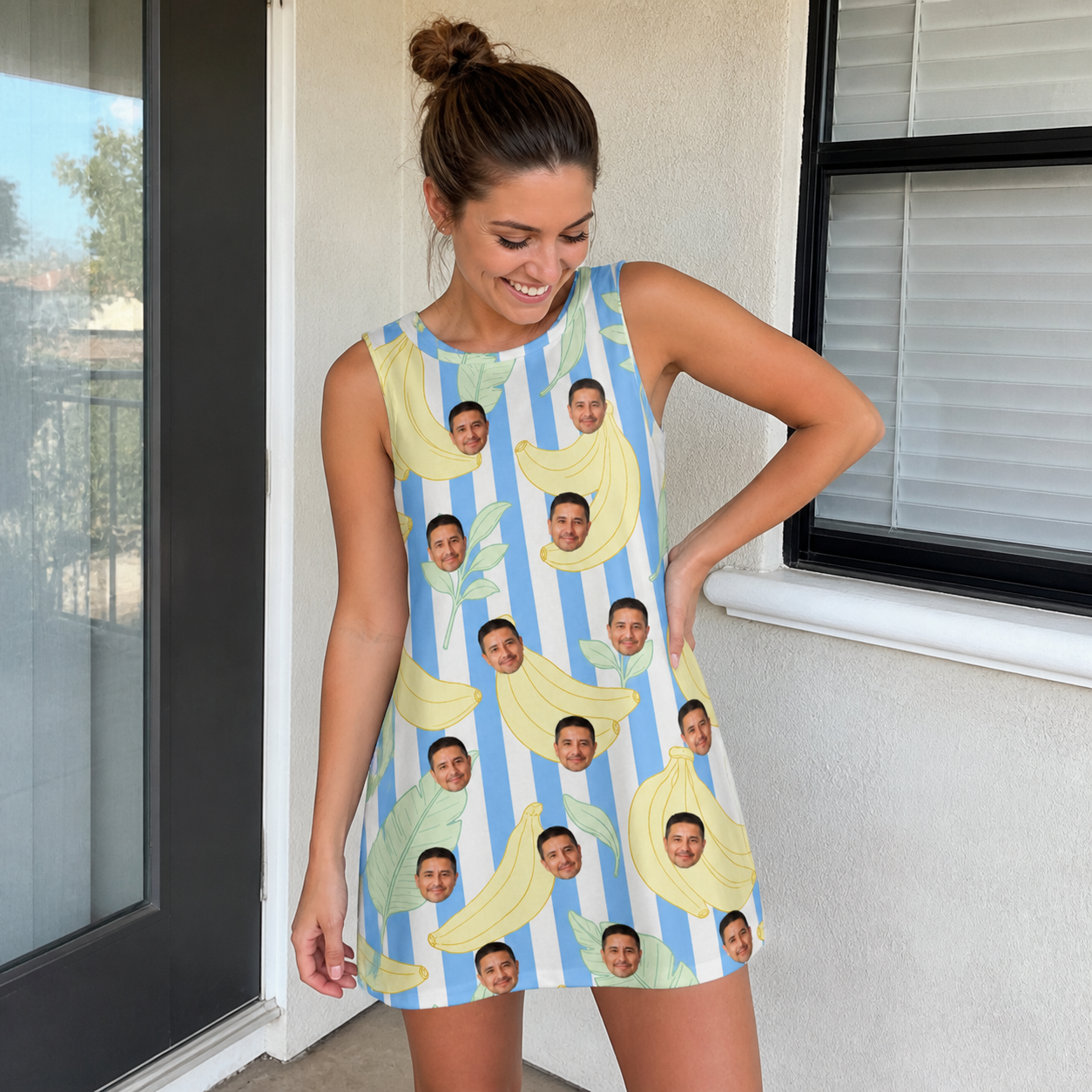 Real-life photo of someone wearing Women's Peel Appeal Custom Face Tank Dress — custom faces printed all-over