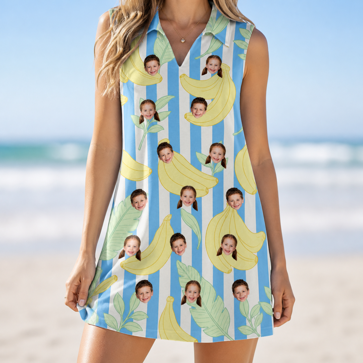Model wearing Women's Peel Appeal Custom Face V-Neck Dress printed with kids' faces