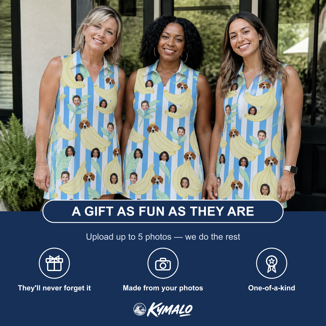 Friends in matching Women's Peel Appeal Custom Face V-Neck Dress — a group gift photo