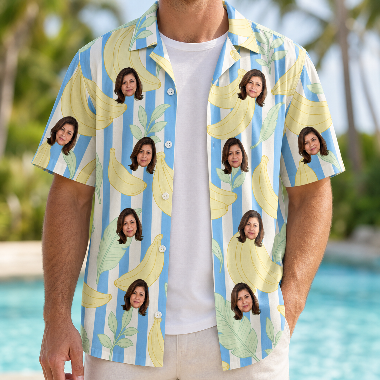 Man wearing Men's Peel Appeal Custom Face Hawaiian Shirt open over a white tee