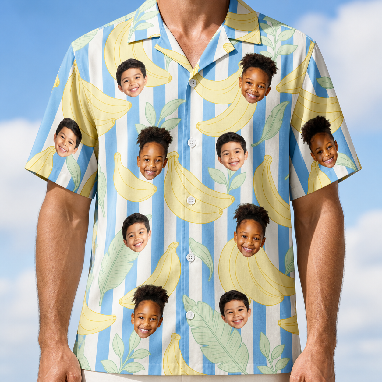 Model wearing Men's Peel Appeal Custom Face Hawaiian Shirt printed with kids' faces