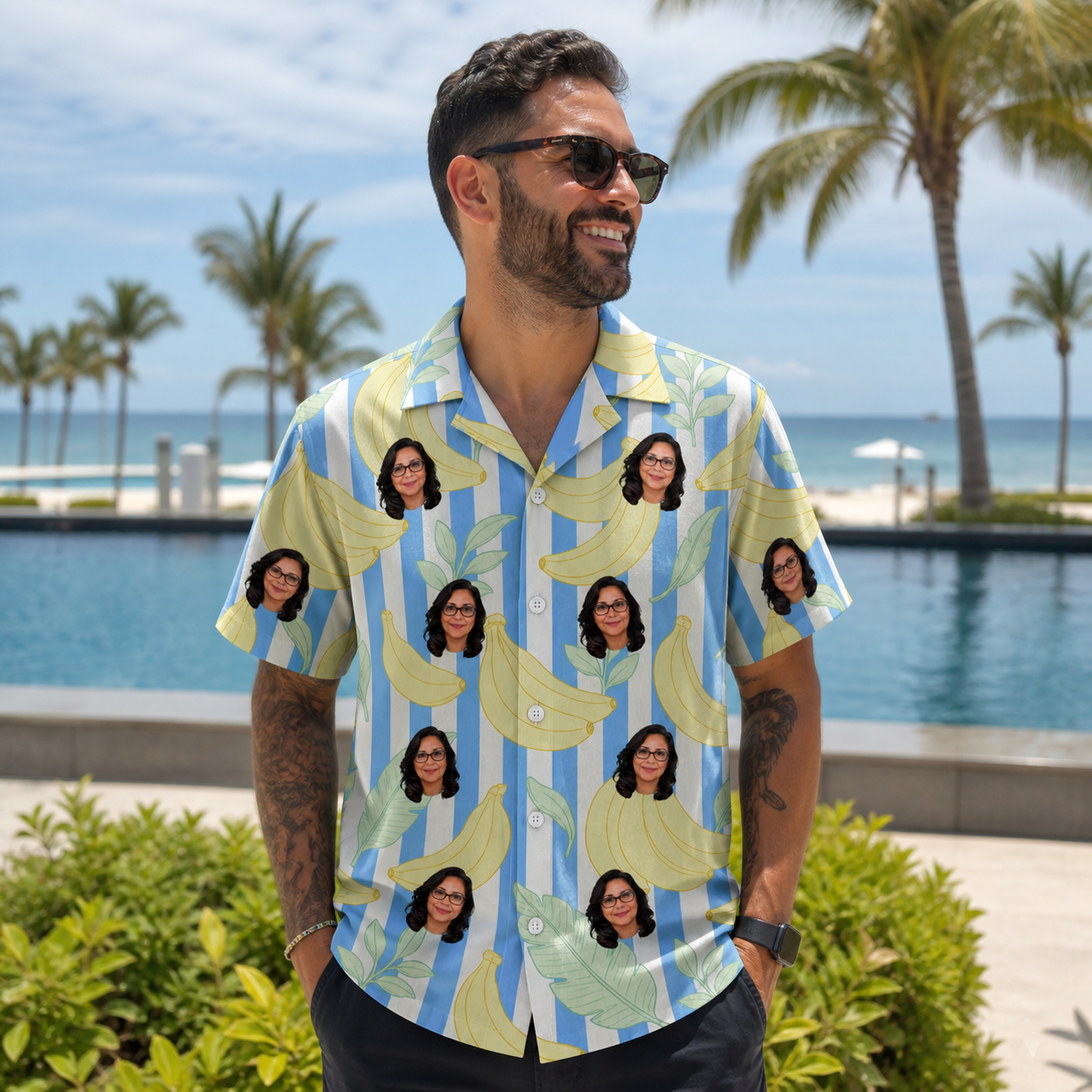 Real-life photo of someone wearing Men's Peel Appeal Custom Face Hawaiian Shirt — custom faces printed all-over