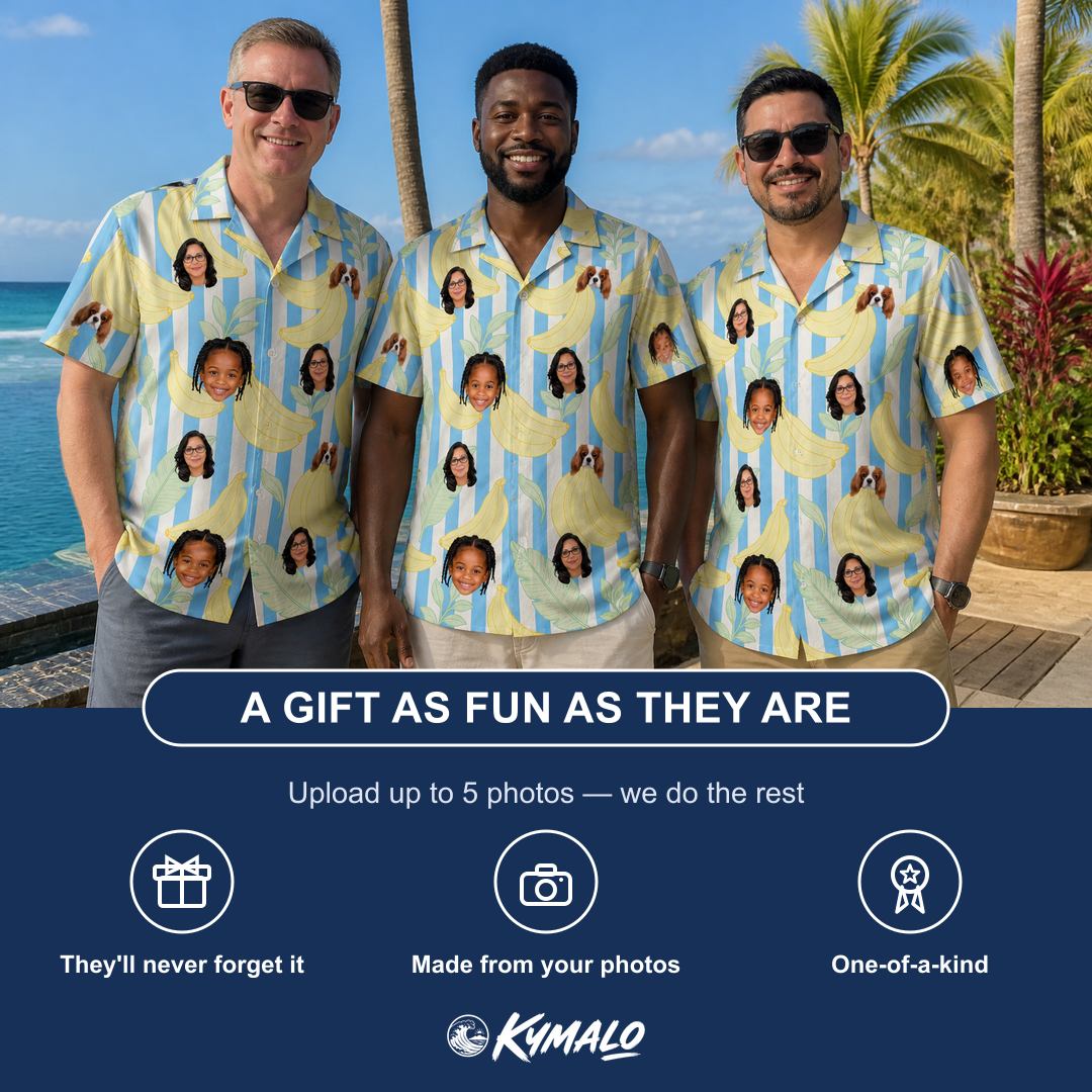 Friends in matching Men's Peel Appeal Custom Face Hawaiian Shirt — a group gift photo