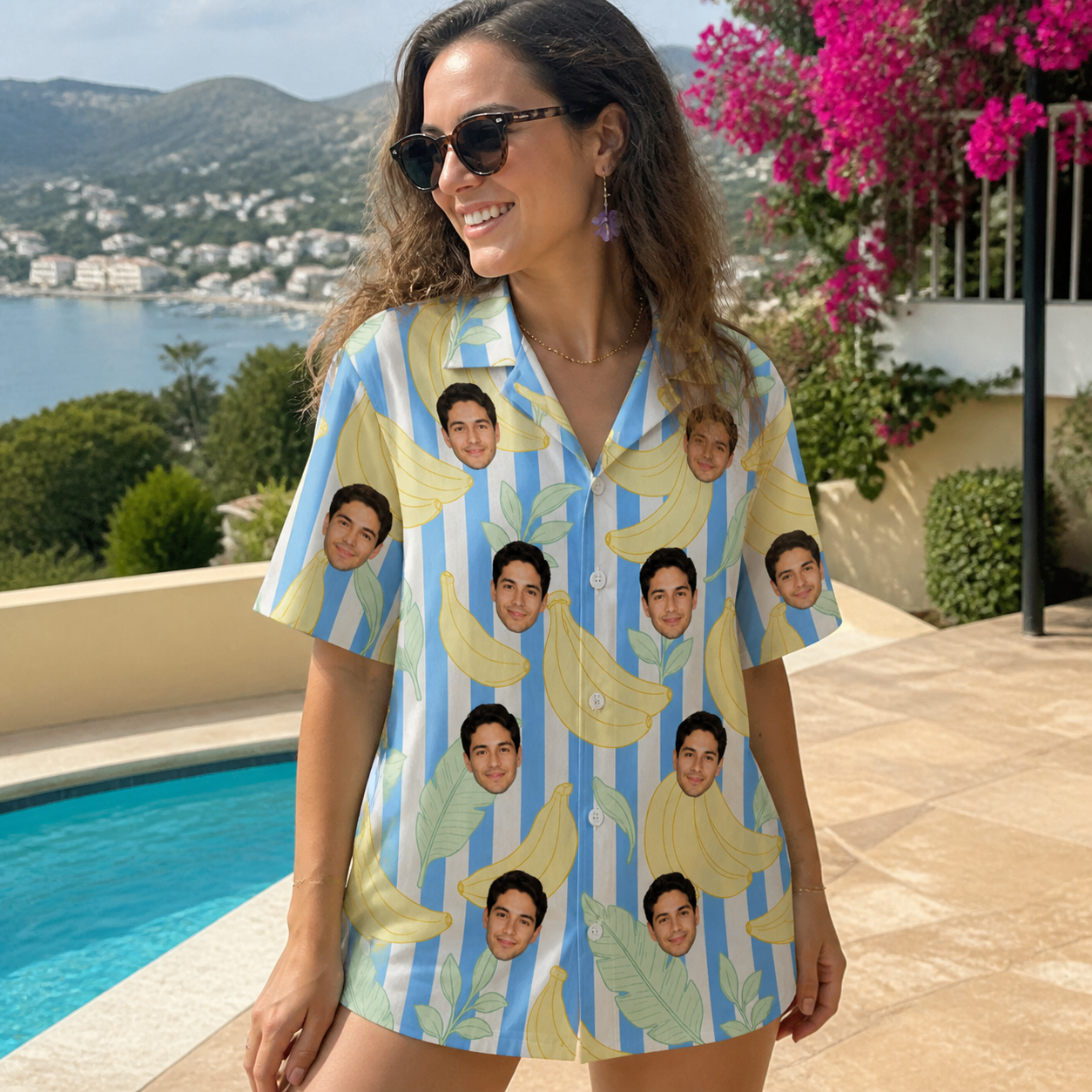 Real-life photo of someone wearing Women's Peel Appeal Custom Face Hawaiian Shirt — custom faces printed all-over