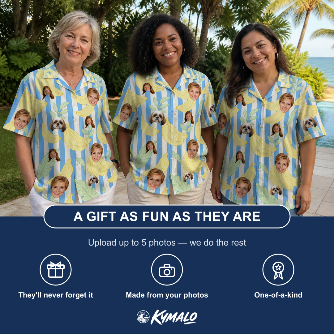 Friends in matching Women's Peel Appeal Custom Face Hawaiian Shirt — a group gift photo