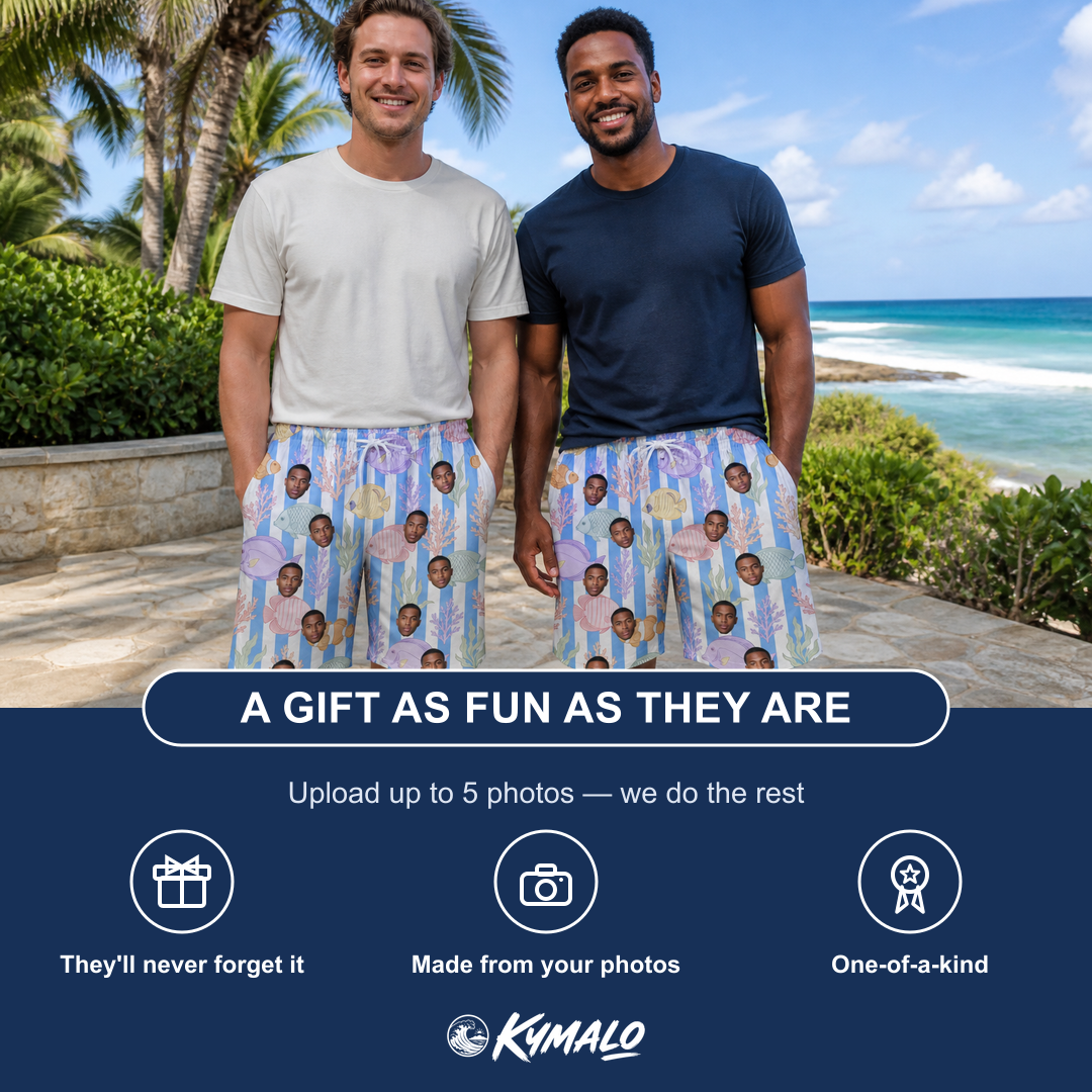 Friends in matching Men's Reef Rascals Custom Face Beach Shorts — a group gift photo