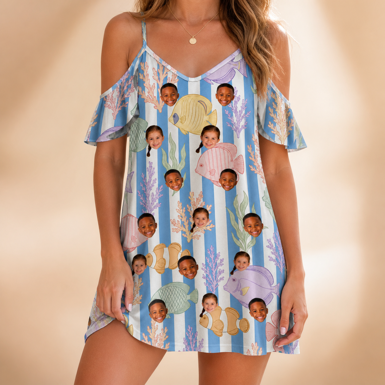Model wearing Women's Reef Rascals Custom Face Off-Shoulder Dress printed with kids' faces