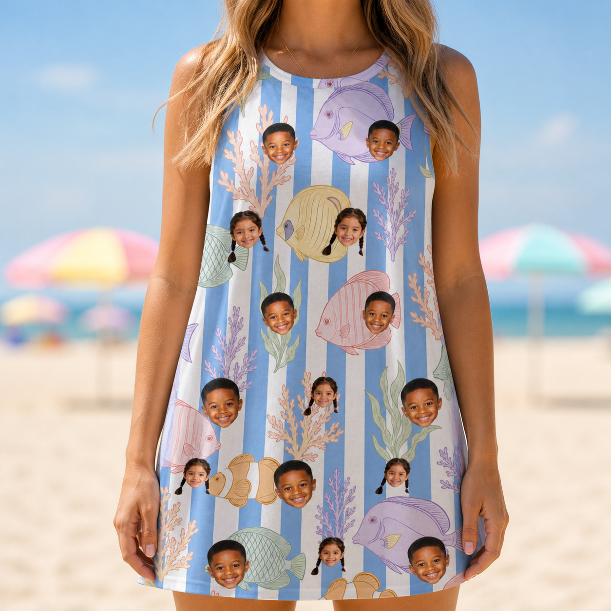 Model wearing Women's Reef Rascals Custom Face Tank Dress printed with kids' faces