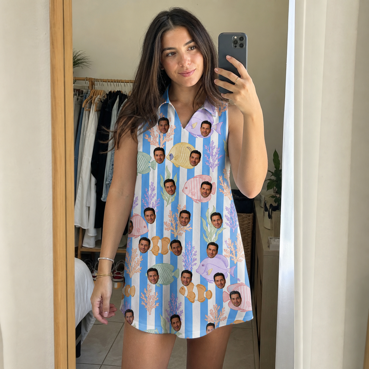 Real-life photo of someone wearing Women's Reef Rascals Custom Face V-Neck Dress — custom faces printed all-over