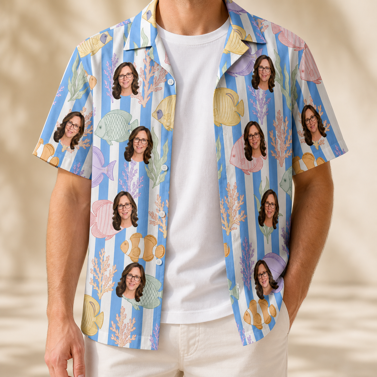 Man wearing Men's Reef Rascals Custom Face Hawaiian Shirt open over a white tee