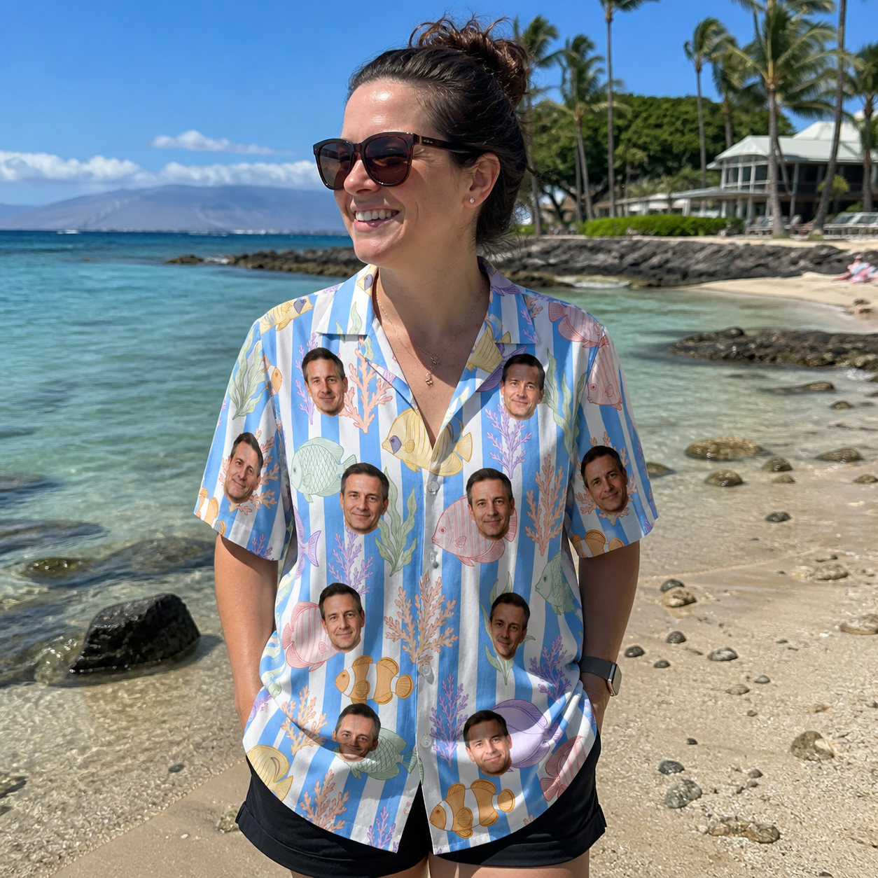 Real-life photo of someone wearing Women's Reef Rascals Custom Face Hawaiian Shirt — custom faces printed all-over