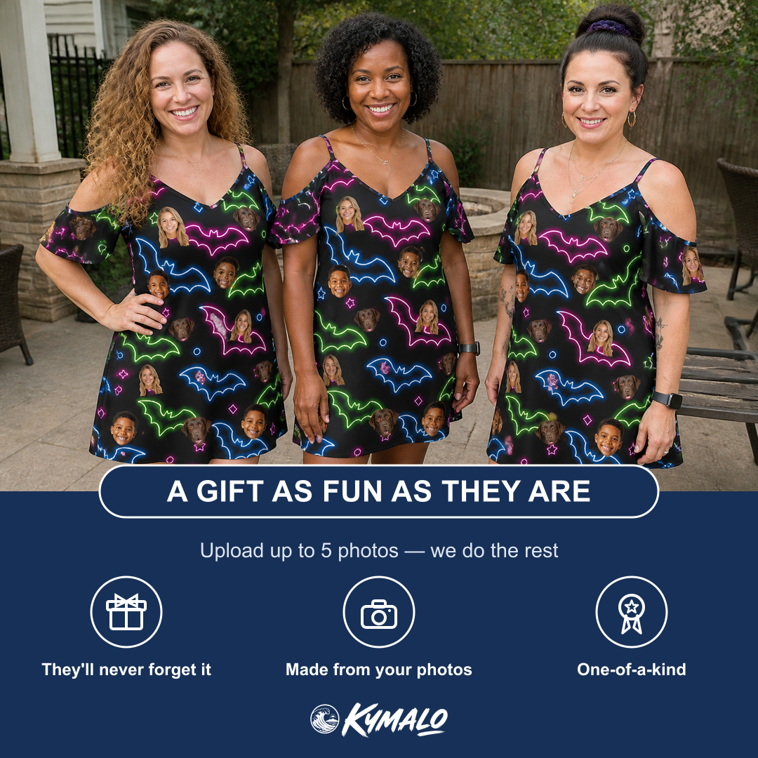 Friends in matching Women's Batty Night Custom Face Off-Shoulder Dress — a group gift photo