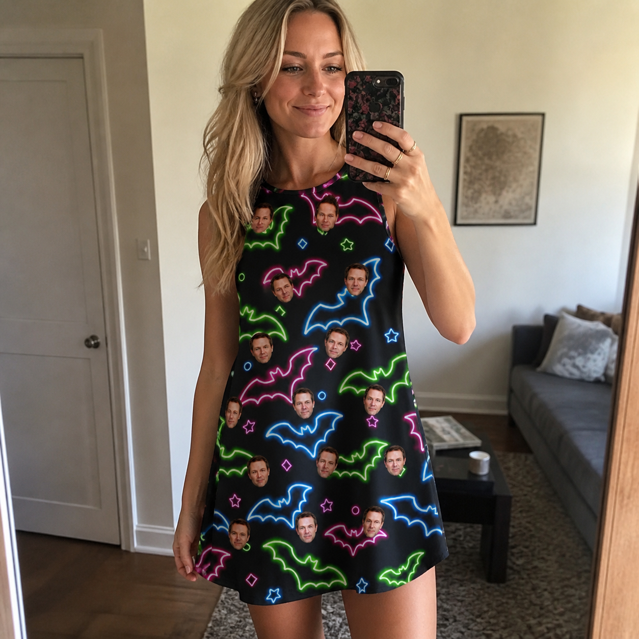 Real-life photo of someone wearing Women's Batty Night Custom Face Tank Dress — custom faces printed all-over