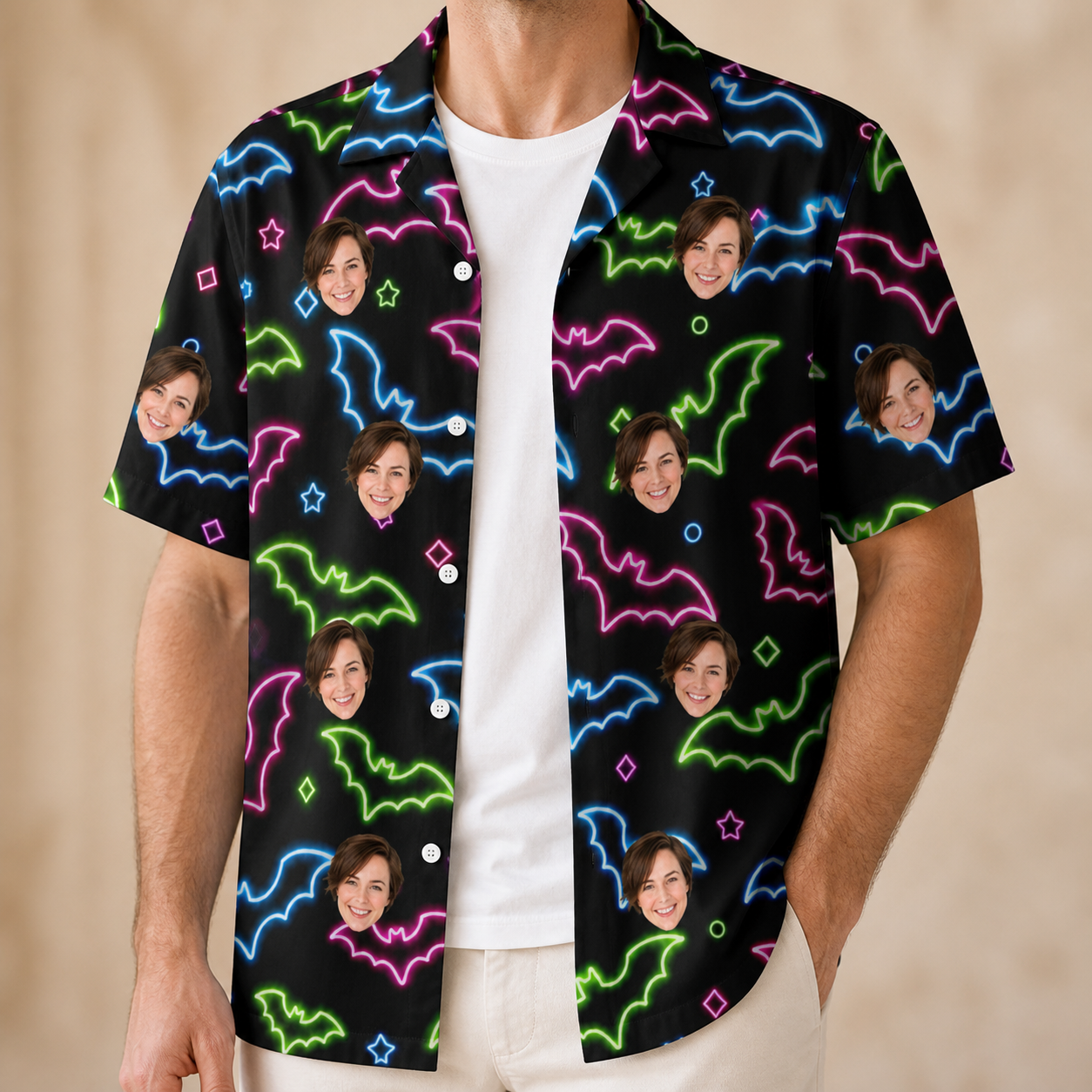 Man wearing Men's Batty Night Custom Face Hawaiian Shirt open over a white tee
