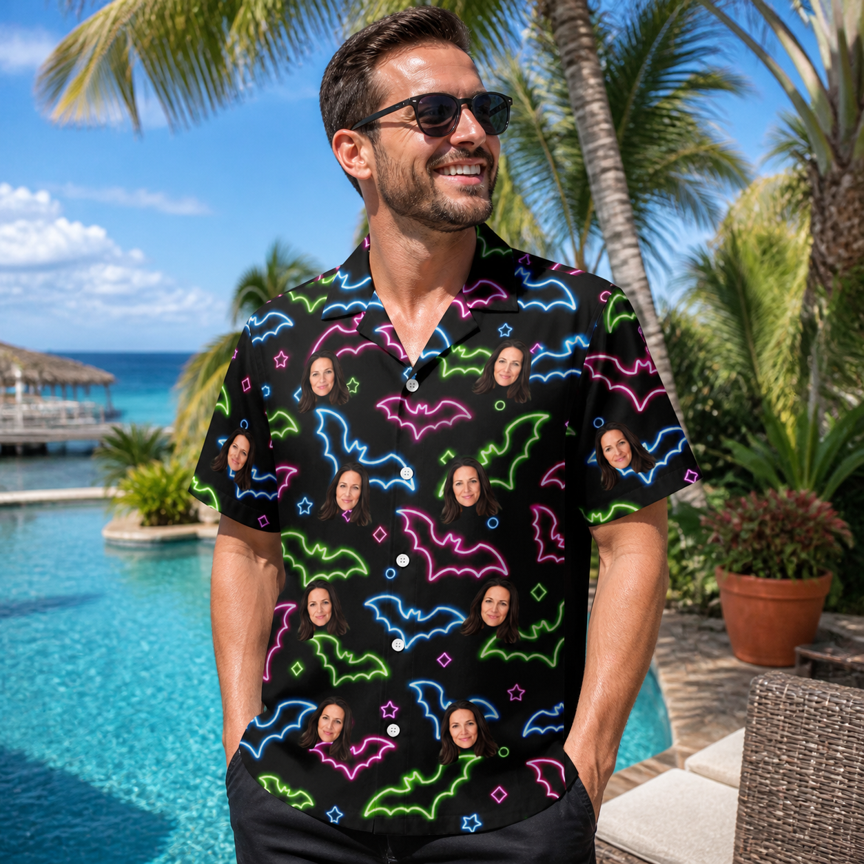 Real-life photo of someone wearing Men's Batty Night Custom Face Hawaiian Shirt — custom faces printed all-over