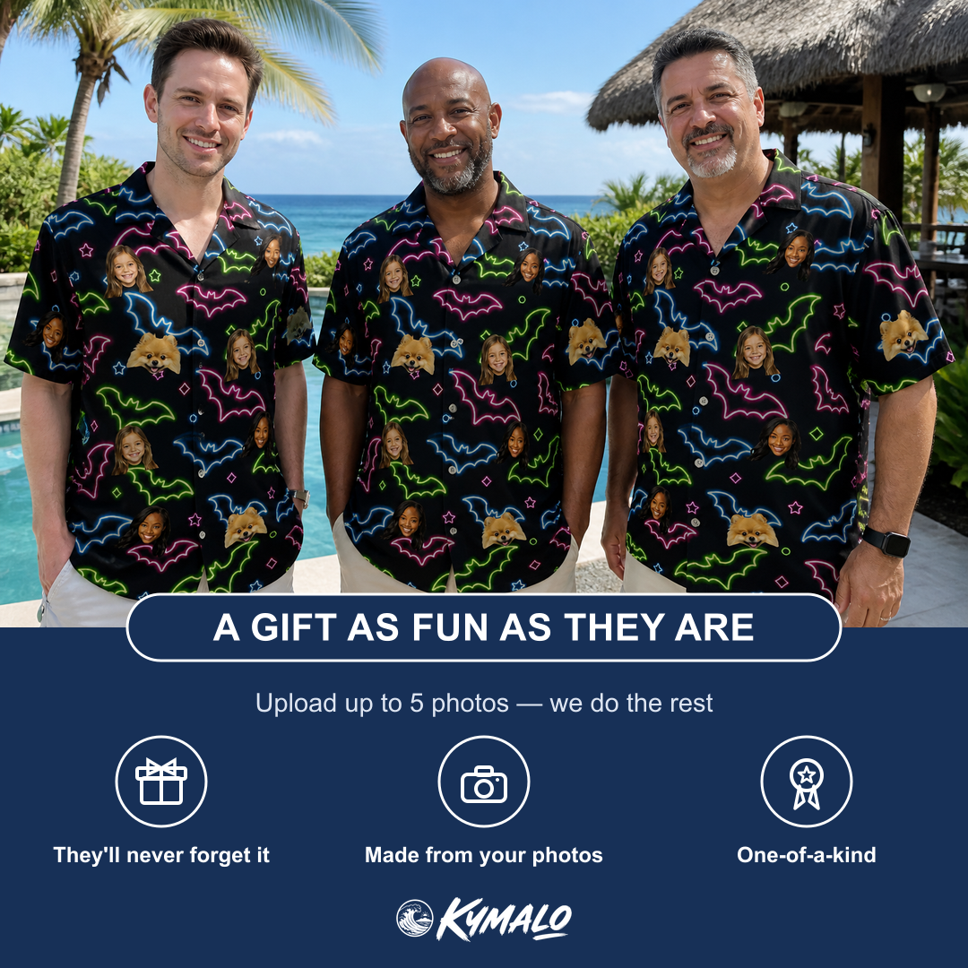 Friends in matching Men's Batty Night Custom Face Hawaiian Shirt — a group gift photo