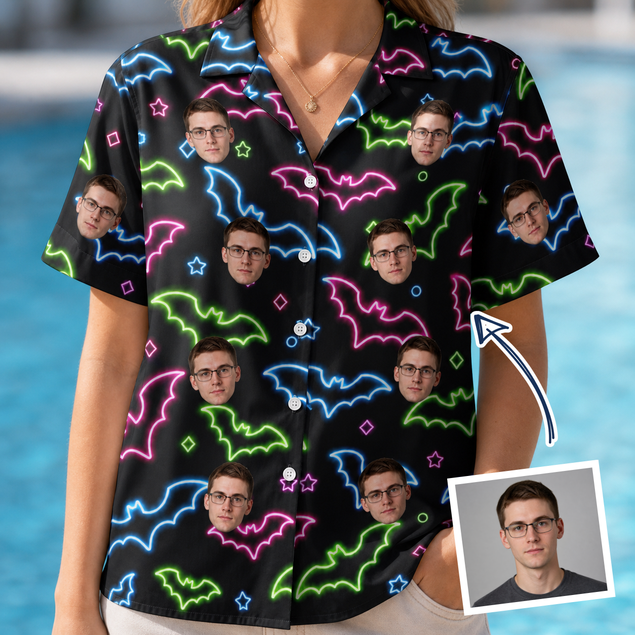 Woman wearing Women's Batty Night Custom Face Hawaiian Shirt — custom faces printed all-over