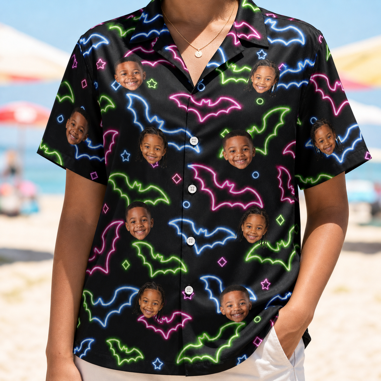 Model wearing Women's Batty Night Custom Face Hawaiian Shirt printed with kids' faces
