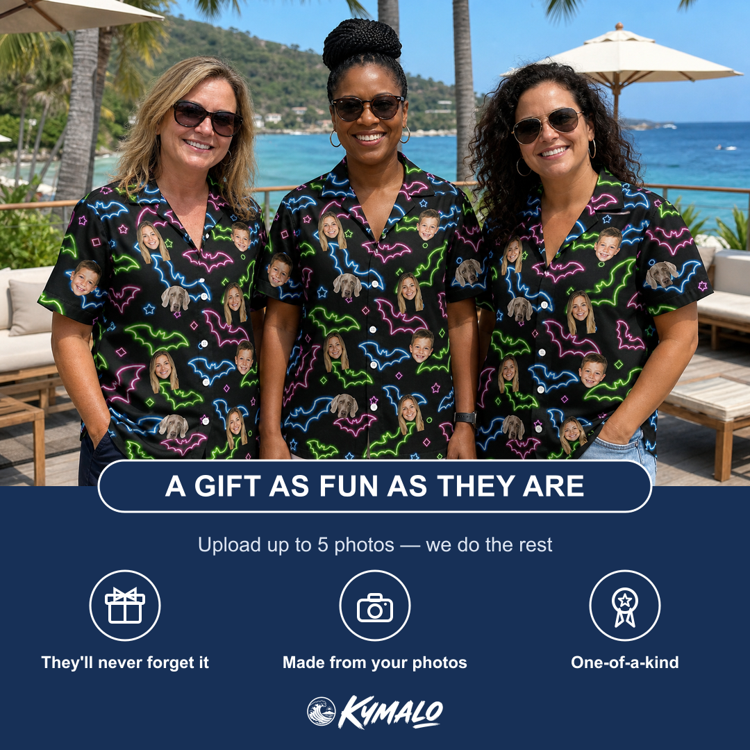 Friends in matching Women's Batty Night Custom Face Hawaiian Shirt — a group gift photo