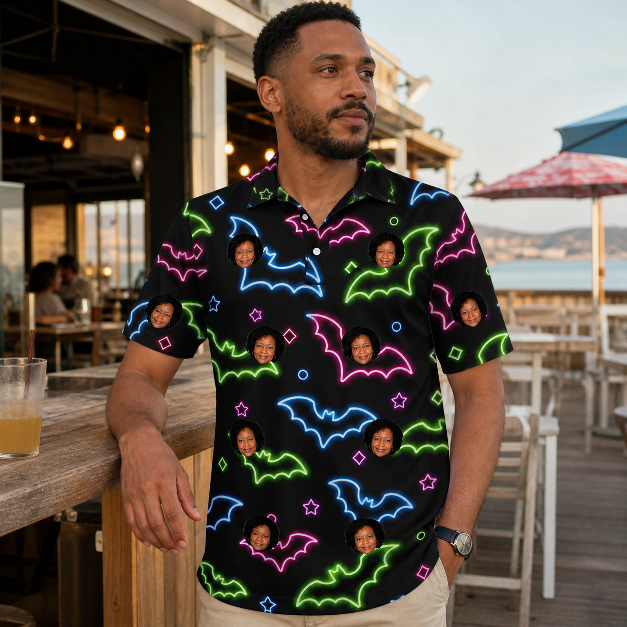 Real-life photo of someone wearing Men's Batty Night Custom Face Polo Shirt — custom faces printed all-over