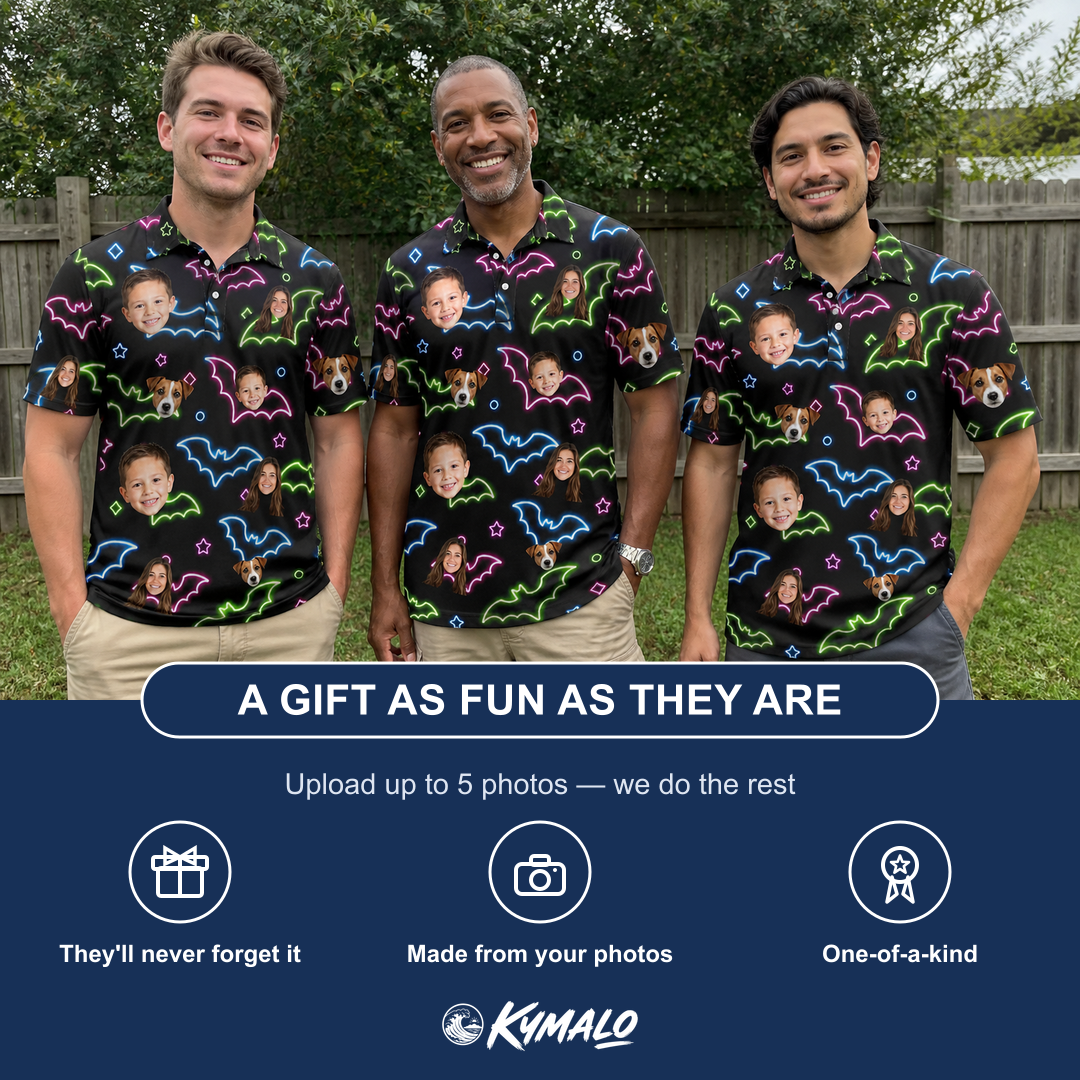 Friends in matching Men's Batty Night Custom Face Polo Shirt — a group gift photo