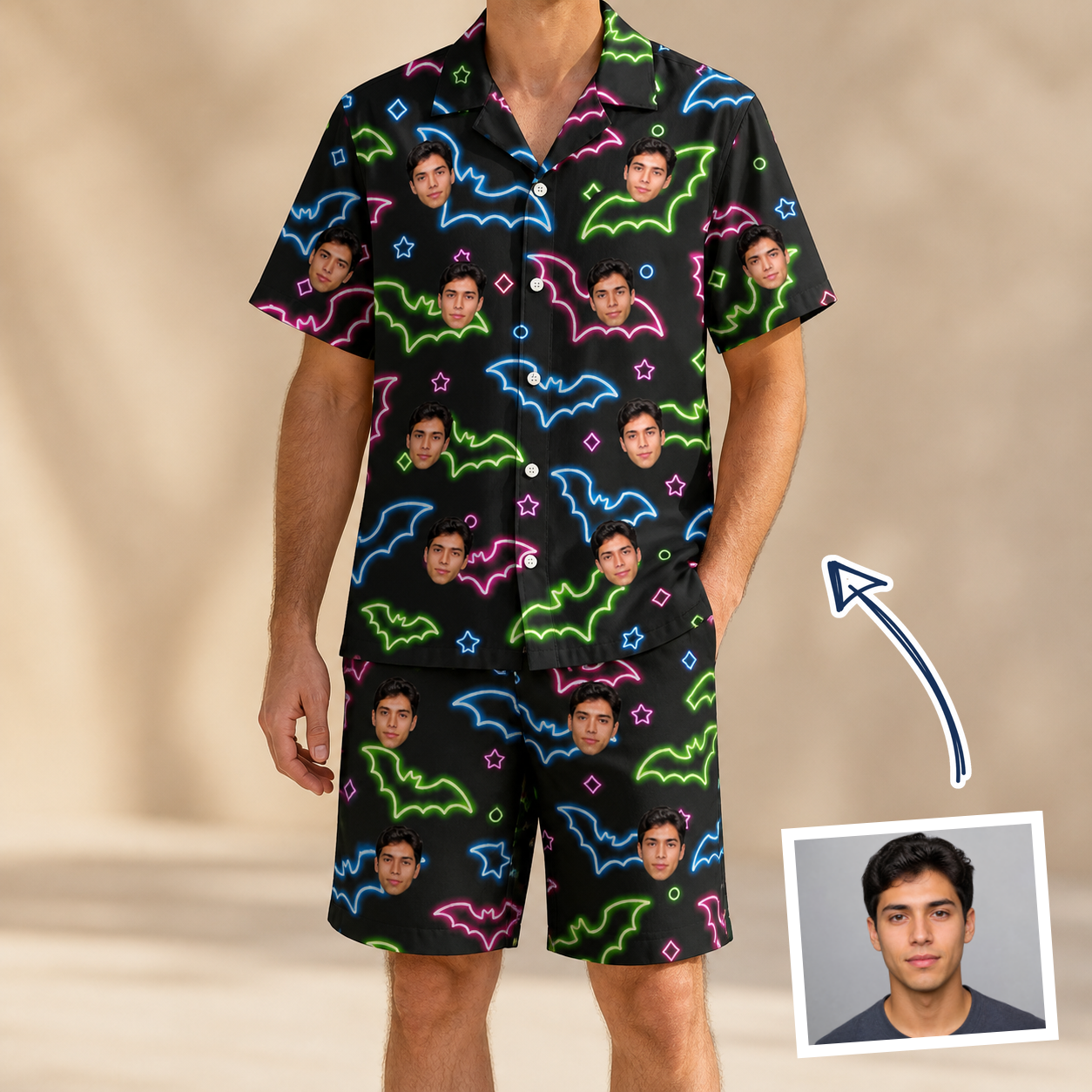Man wearing Men's Batty Night Custom Face Shirt & Shorts Set — custom faces printed all-over