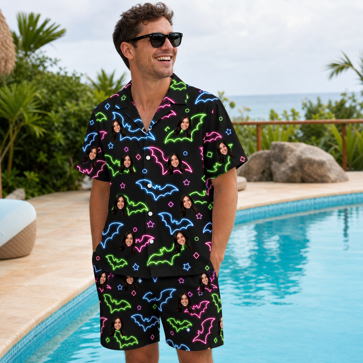 Real-life photo of someone wearing Men's Batty Night Custom Face Shirt & Shorts Set — custom faces printed all-over