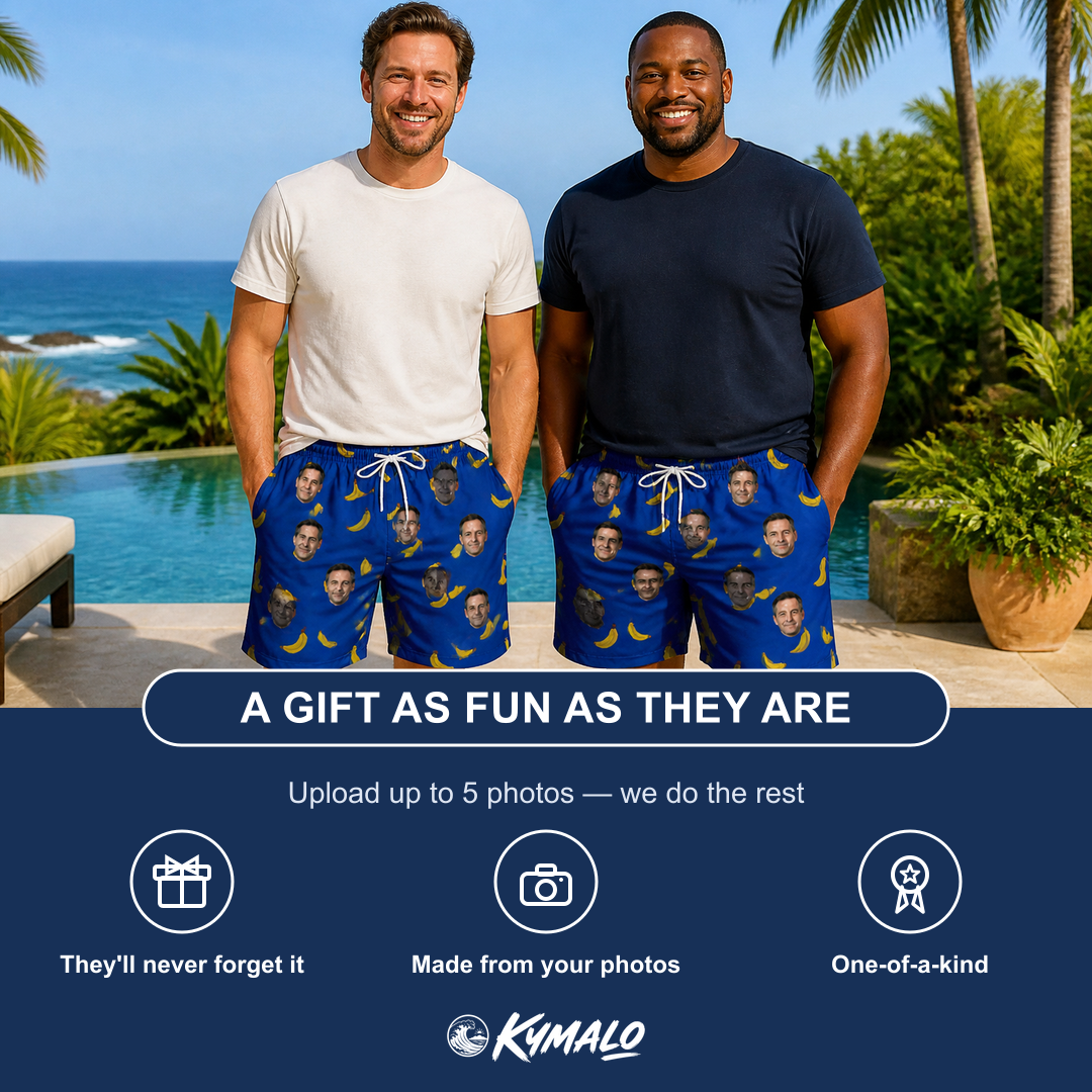 Friends in matching Men's Bunch Buzz Custom Face Beach Shorts — a group gift photo