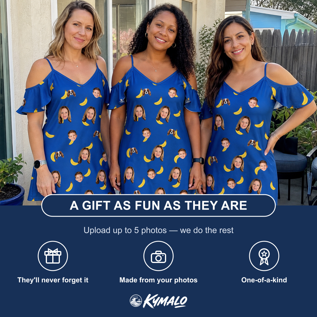 Friends in matching Women's Bunch Buzz Custom Face Off-Shoulder Dress — a group gift photo